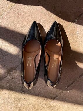 Black Patent 100% Leather Pointed-Toe Women's Flats by V Logo Brand